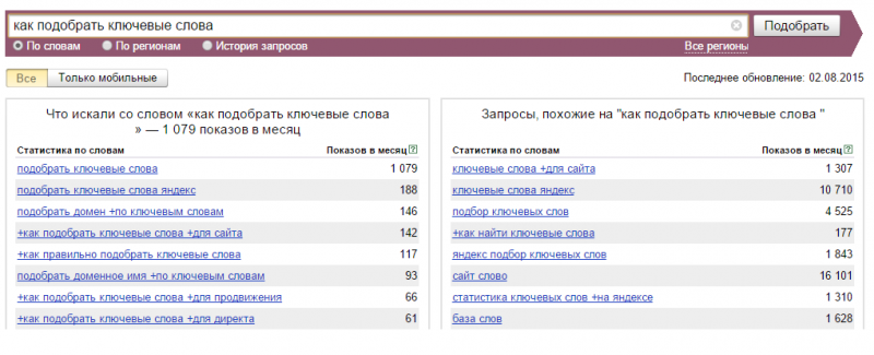 Подбор ключевых слов в Яндекс